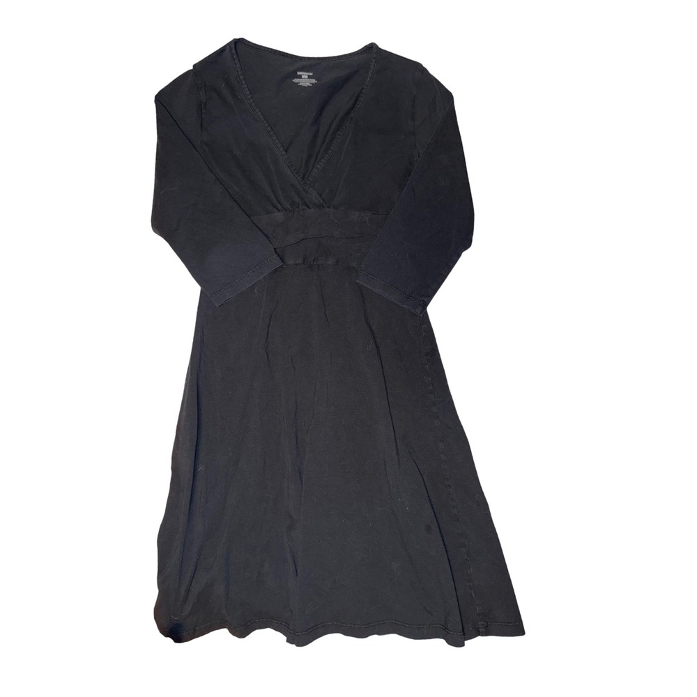 Patagonia Womens Black Organic Cotton 3/4 Sleeve‎ V-Neck Empire Waist Dress M